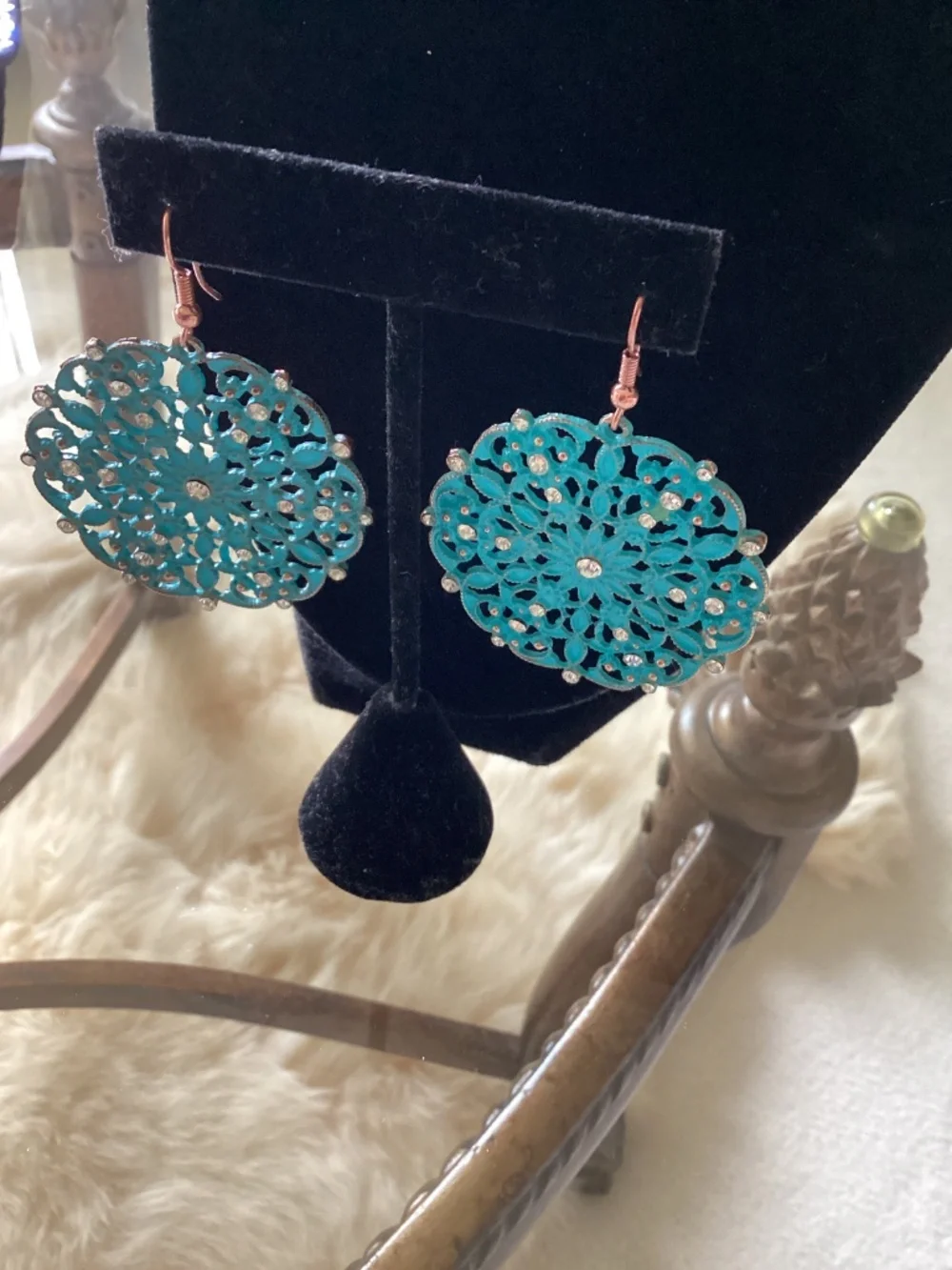 Chic Turquoise color with crystal earrings. Pierced.